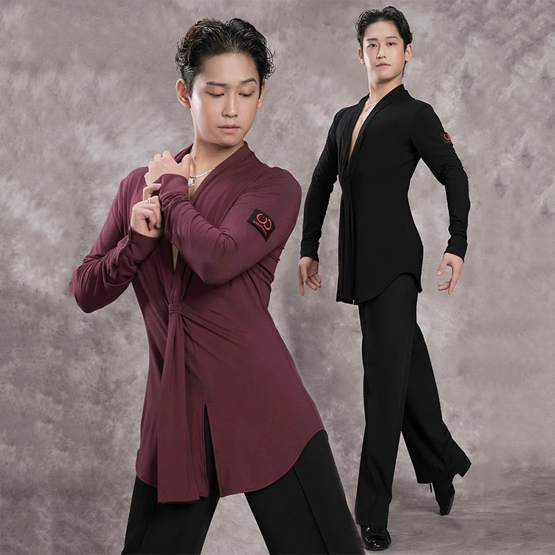 

Young men Latin Top Long Sleeve Sexy V-Neck Latin Dance Shirts Men Rumba Cha Cha Samba Dancing Competition Performance Wear Male