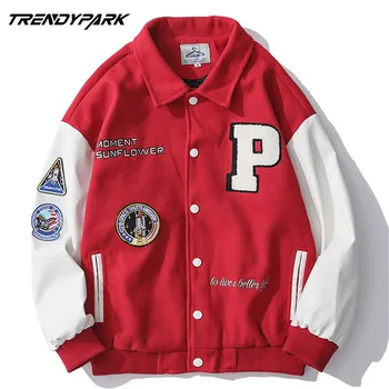 Men's Varsity Uniform Baseball Jacket PU Leather Sleeve Single Breasted Appliques Bomber Jacket Embroidery Patches Casual Coat 1