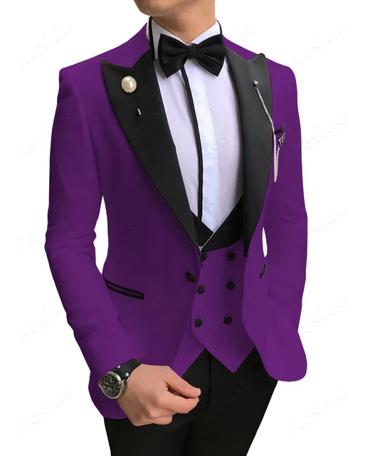 Purple Повседневный мужской костюм, приталенный, 3 предмета, торжественные смокинги для выпускного, двубортные костюмы для свадьбы, жениха, мужские(Блейзер+ жилет+ брюки - Цвет: Purple
