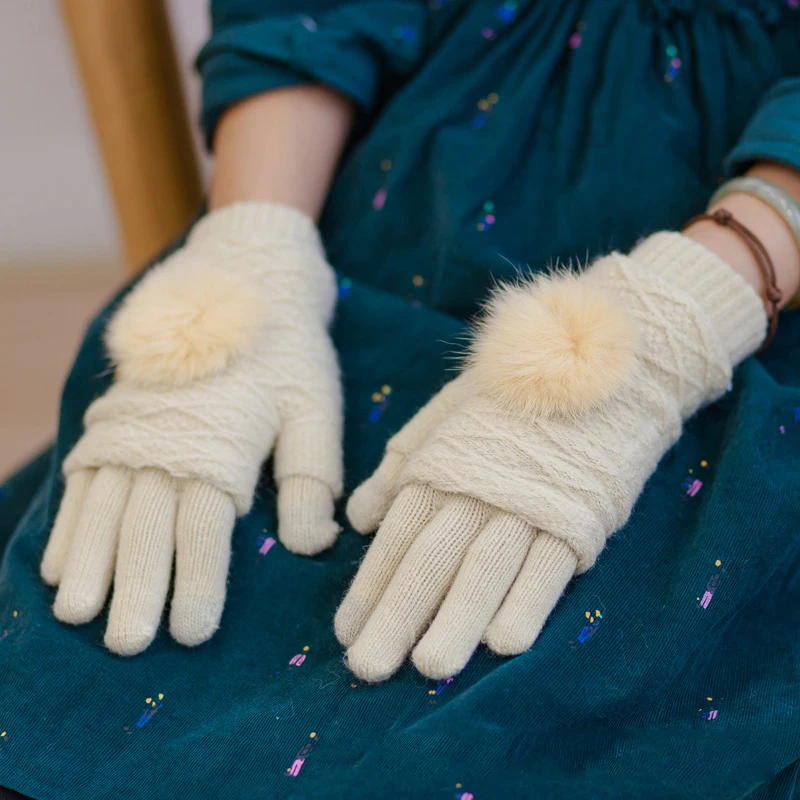 Новые теплые зимние меховые перчатки с помпонами, 5 пальцев, кашемировые вязаные рукавицы с сенсорным экраном, женские зимние вязаные перчатки
