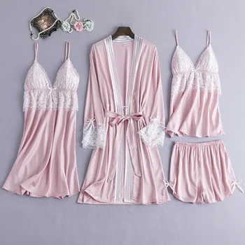 

Lace 4PCS Sleep Set Nighty&Robe Suit Women Sexy Sleepwear Home Clothes Bride Bridesmaid Wedding Robe Pajamas Strap Top&Shorts