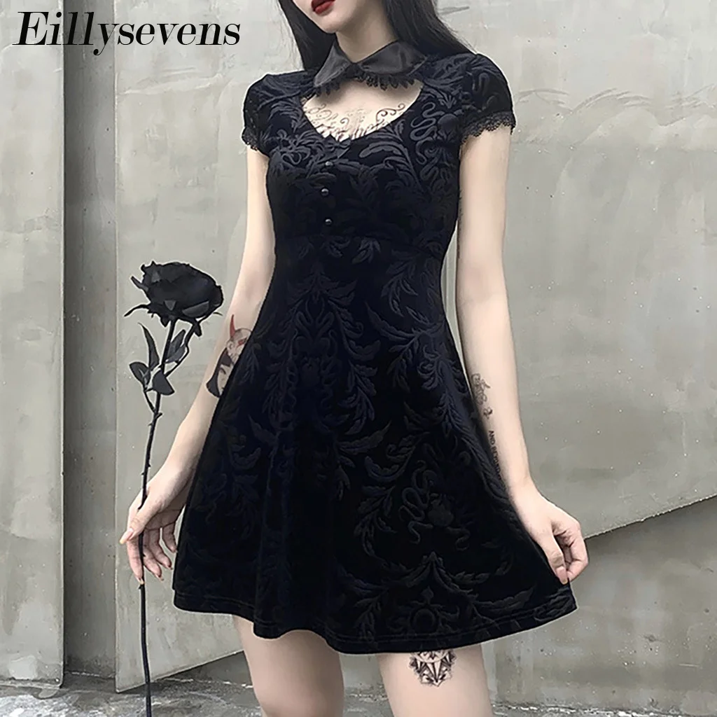 Женское винтажное платье Goth готическое черное с открытой спиной и кружевной