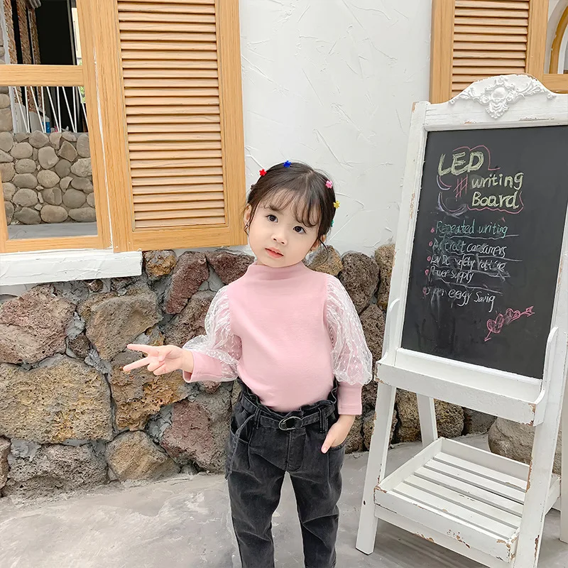 

2019 Autumn New Arrival Korean style cotton pure color all-match bottoming knitted T-shirt with lace for cute sweet baby girls