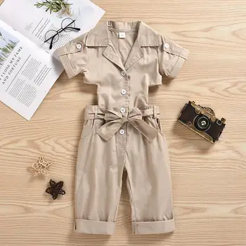 

Chic Girls Jumpsuit Kahki Short Sleeve Turn-down Collar Lace Up High Waist Button Overalls Girls Jumpsuit Baby Girls Clothes B2