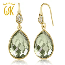 Серьги GemStoneKing 13,00 карат в форме груши, Зеленый Натуральный Аметист, позолоченные 925 Серебряные Висячие серьги для женщин