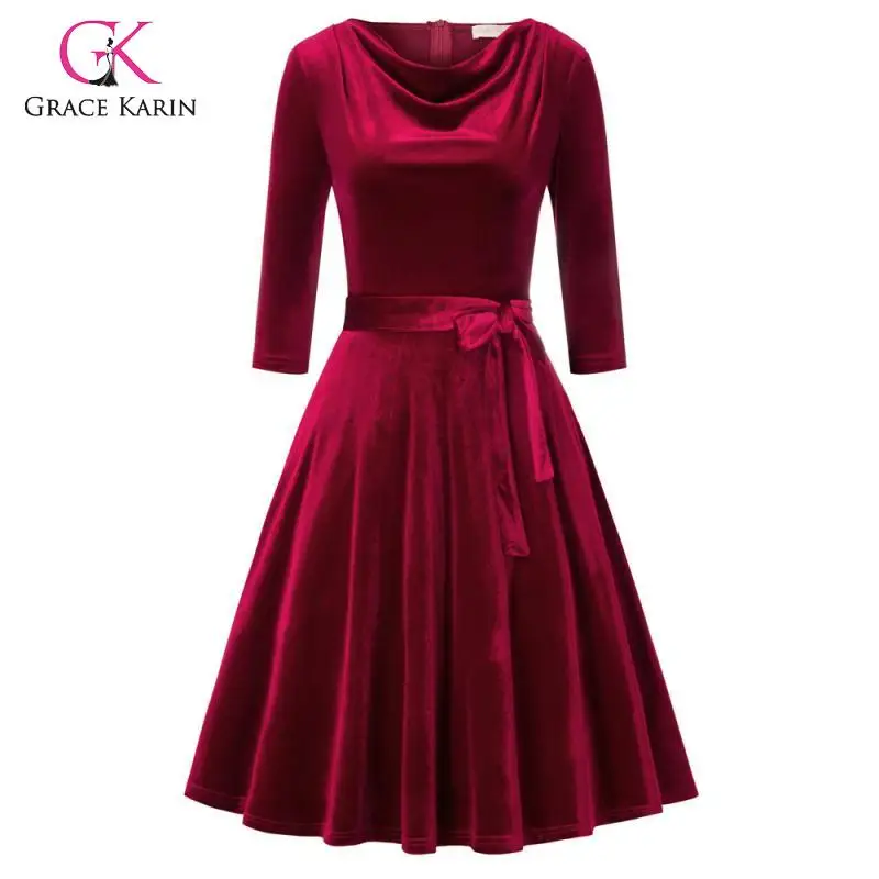 

Grace Karin 2019 Autumn 3/4 Sleeve Flare A-Line Dress Women Velvet Pleated Swing Dress With Pockets and Belt Midi Party Dresses