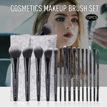 

15 Gift Makeup Brush Tool Set Black Artificial Fiber Black Wooden Handle Makeup Brush Set