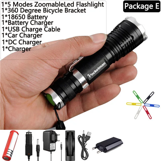 Package E Супер яркий водонепроницаемый самый мощный XML-T6 светодиодный фонарик Zoomable 5 режимов фонарь 18650 Зажим для ремня фонарь z90 для наружного использования FS - Испускаемый цвет: Package E