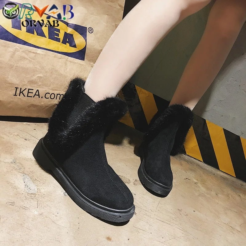 

Ankle Boots for Women Slip-On Flock Leather Slim Shoes Woman Winter Warm Fashion Snow Boots Non-slip Black White Fur Women Shoes
