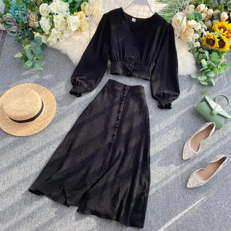 long sleeve black MUMUZI, модная женская пляжная одежда, короткие дизайнерские топы на пуговицах спереди и длинная юбка, комплект из 2 предметов, одноцветные блузки и юбка с открытыми боками - Цвет: long sleeve black
