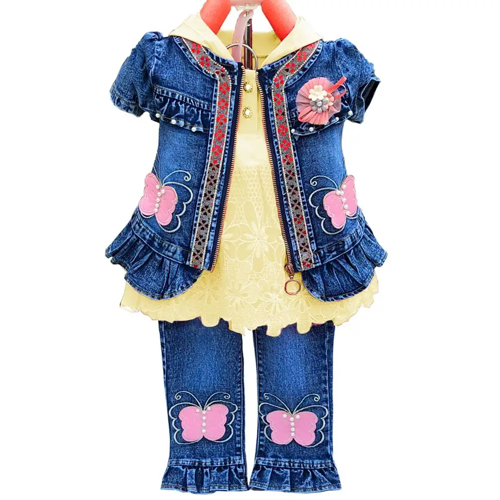 DWSFADA Spring Autumn Infant Little Baby Girls Long Sleeves T Shirt Denim Jacket Jeans Pants 3 Pieces Sets 80cm