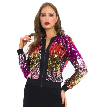 

Women Sequin Coat Bomber Jacket Long Sleeve Zipper Streetwear Casual Loose Glitter Outerwear 2020 New Fashion Female Autumn Coat