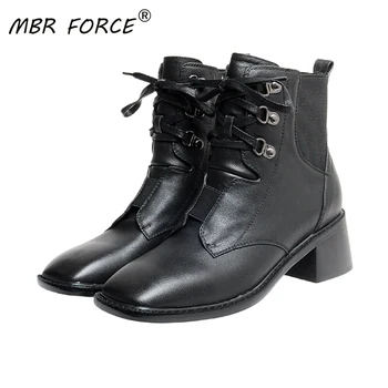 

MBR FORCE cowhide Platform Fashion squre toe lace up All-match Breathable Women Ladies Simple Casual boots black brown girls