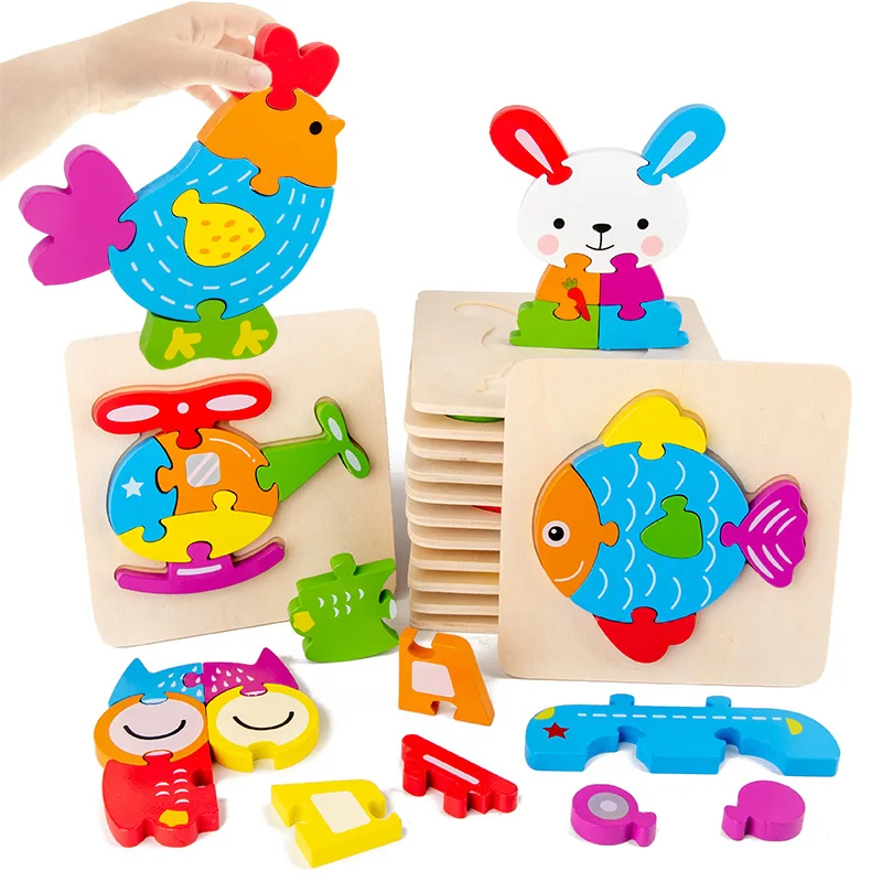

High Quality 3D Wooden Puzzles Educational Cartoon Animals Early Learning Cognition Intelligence Puzzle Game For Children Toys