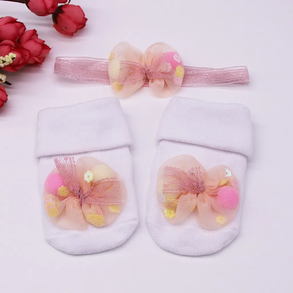 Милые носки для маленьких девочек г., носки для малышей Детские нескользящие носки с кружевной аппликацией для волос махровые носки розовый/серый/бежевый