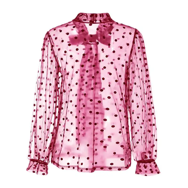 Женская сетчатая прозрачная блузка с длинным рукавом и воротником-бантиком, модная прозрачная рубашка в горошек, женские блузы, S-5XL