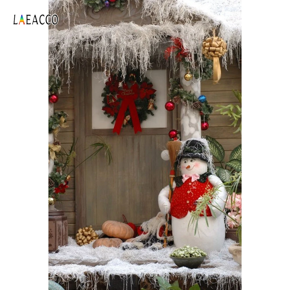 Laeacco Рождественский день Снеговик венок крыльцо декорации Детские фотографии фоны на заказ для фотостудии