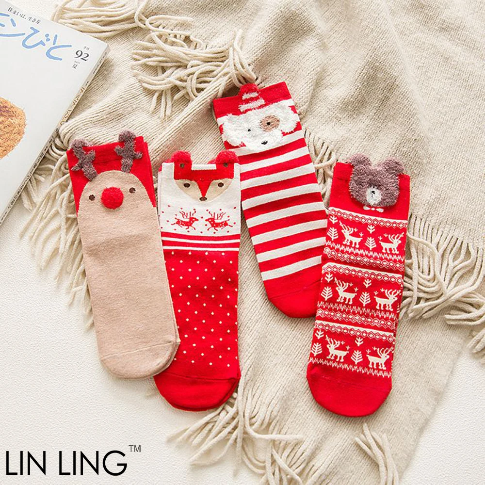 

Merry Christmas Socks Women 100% Pure Cotton Fanny Cartoon Red Festival Knee High Hosiery Calf Lovely Girls Fashion Comfortable