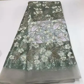 

French African Lace Fabric Guipure Sequined Beaded Cotton Cord Tulle Nigerian Tissu Mesh India Lace For Wedding Dress gold green