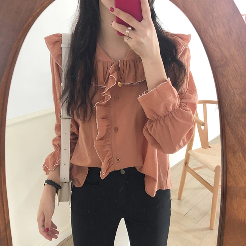 

So Cute! Pleated Ruched Hem Flare Sleeve Shirt Women Blouse Spring Autumn Lolita Top Chemise Femme Chemisier Blusa Mujer Camisa