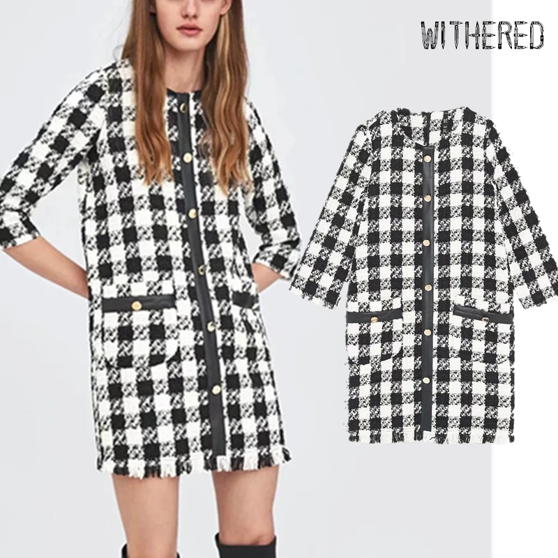 

Withered new england elegant PU patchwork tweed plaid Woollen dress women vestidos vestidos de fiesta de noche mini party dress