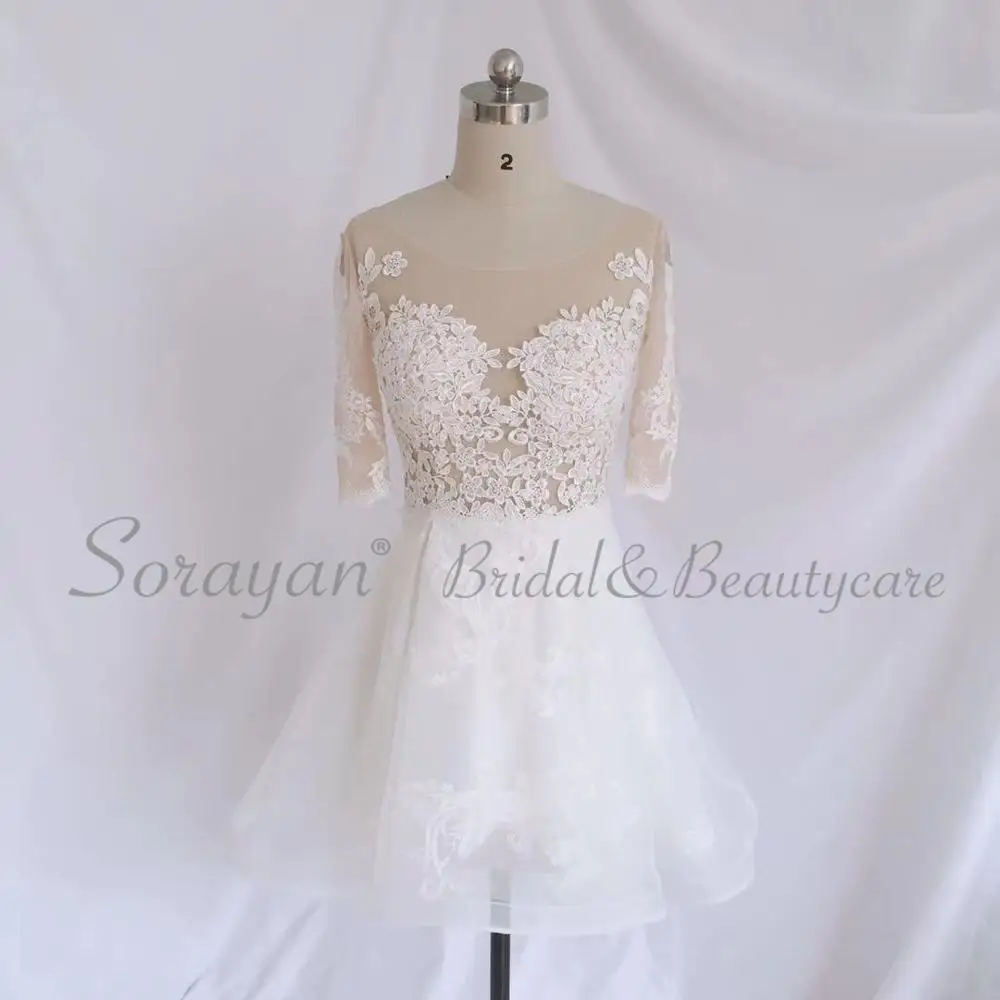 

Romantic Illusion O-Neckline Short Wedding Dresses 2019 Half Sleeves Layers Tulle&Voile Chic Lace Mini Bridal Gowns AX204