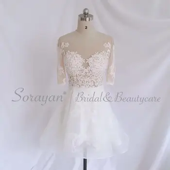 

Romantic Illusion O-Neckline Short Wedding Dresses 2019 Half Sleeves Layers Tulle&Voile Chic Lace Mini Bridal Gowns AX204