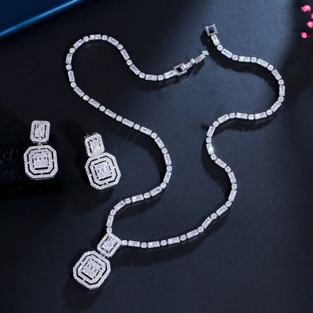 CWWZircons Shiny Baguette Cubic Zirconia Wedding Bridal Party Necklace Earrings Fashion Gold Color Jewelry Sets Accessories T583 bridal jewelry sets,crystal jewelry sets,earring ring sets