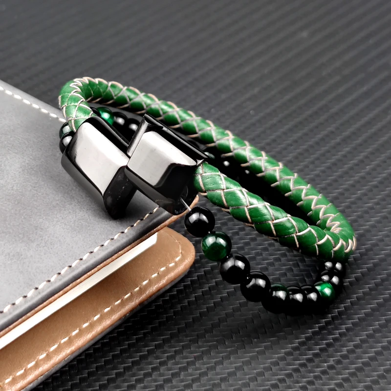 Fashion Green Stone Beads Men Bracelet Multilayer Leather Bracelet Punk Jewelry Stainless Steel Magnetic Clasp Bangles MingAo,bracelet jewelry