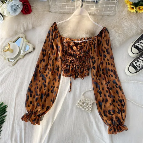 Light Brown Модная рубашка с квадратным вырезом, топы с длинным рукавом, женский сексуальный короткий топ, весна-лето, Леопардовый принт, шифоновая блузка, женские рубашки - Цвет: Light Brown