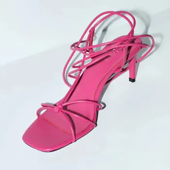 

GENSHUO Summer Sandals Green High Heels Vintage Square Toe Party Shoes Lacing Gladiator Shoes Sandalias Mujer Zapatos De Mujer