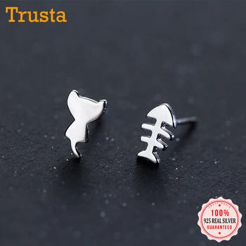 

Trusta 100% 925 Sterling Silver 2018 Women Fashion Cute Tiny Asymmetric Cat Fishbone Stud Earrings For Daughter Girls DS315