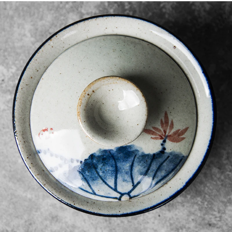 Hand Painted Lotus Gaiwan For Tea Pottery Tureen With Lid Teaware Kung Fu Tea Ceremony Set Coffee Cups Bowls Fish Chawan