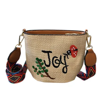 

Embroidery Straw Bag Hand Weave Small Bags Summer Crossbody Mini Bags Cactus Cute Shoulder Bags for Women,Brown Joy