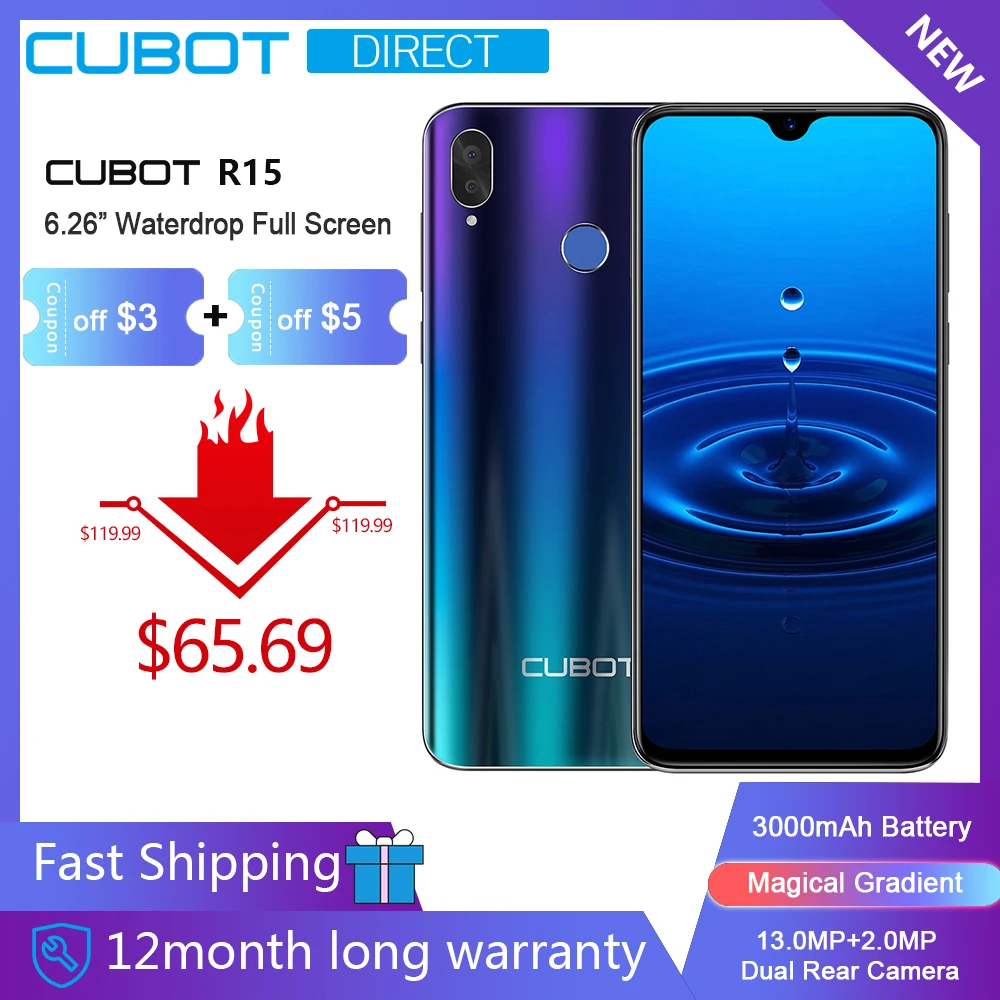 

Cubot R15 SmartPhone Android 9.0 Pie 6.26'' 19:9 Water-Drop Screen MT6580P 2GB+16GB Finger ID Dual Rear Camera 13MP 3000mAh Good