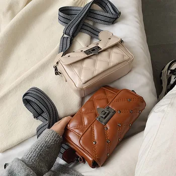 

Wide shoulder belt small bag for women 2020 new casual versatile small square bag rivet lock Single Shoulder Messenger Bag