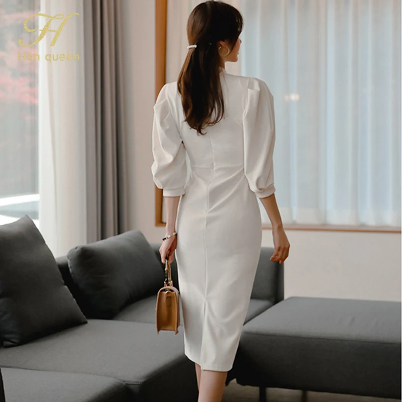 H Han Queen 여성용 펜슬 바디콘 드레스, 스탠드 칼라, 퍼프 슬리브, 슬림 단색, 미디 캐주얼 드레스, 가을 패션, 핫 세일