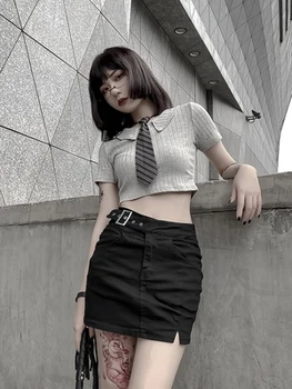 

Gothic Lolita Blouse Cool Girl JK Uniform Polo Tie Shirt Punk Sexy Crop Knit Top Student Cosplay Costume