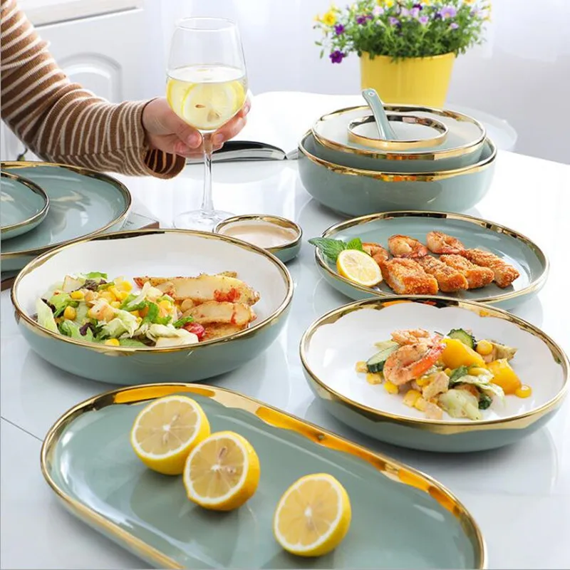 

Gilt Rim Green Porcelain Dinner Plate Set Ceramic Tableware Food Dishes Rice Salad Noodles Bowl Soup Family Hotel Kitchen tool