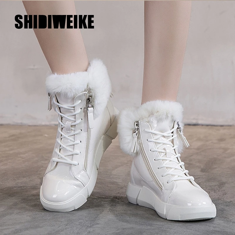 

Winter Women Snow Ankle Boots Waterproof 2019 New Patent Leather Female Cotton Shoes Platform Fashion Fur Snow Ankle Boots J667