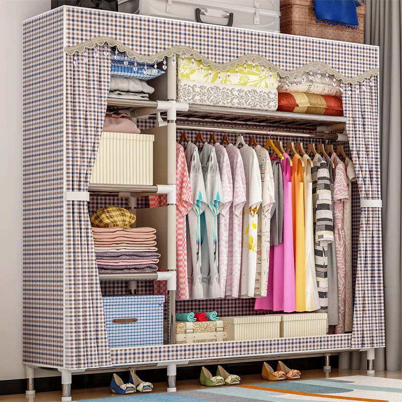 

Simple Wardrobe Fabric Steel Frame Rough Reinforced Cloth Wardrobe Minimalist Modern Economical Assembly Wardrobe Storage Cabine