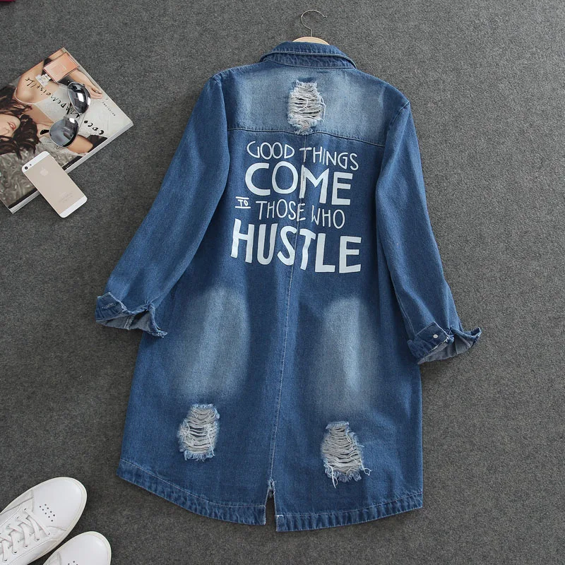 

2020 Autumn Plus size S-9XL Women Letter Print Mid-length Harajuku Washed Blue Hole Denim jacket Loose Casual Jean jacket Female