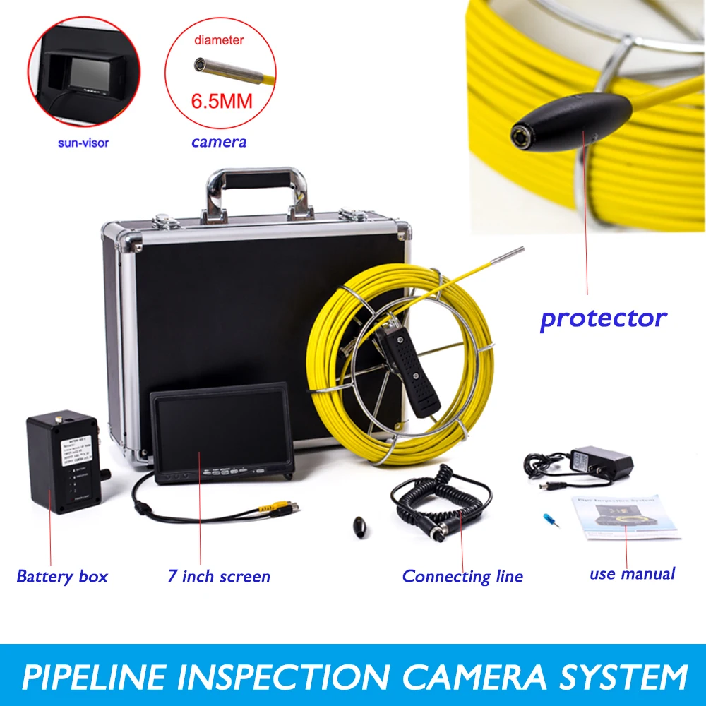 

7inch 20m Long Cable Endoscope Industrial Drain Pipe Sewer Inspection System 6.5mm Waterproof Small CCTV Camera With 6pcs LEDS