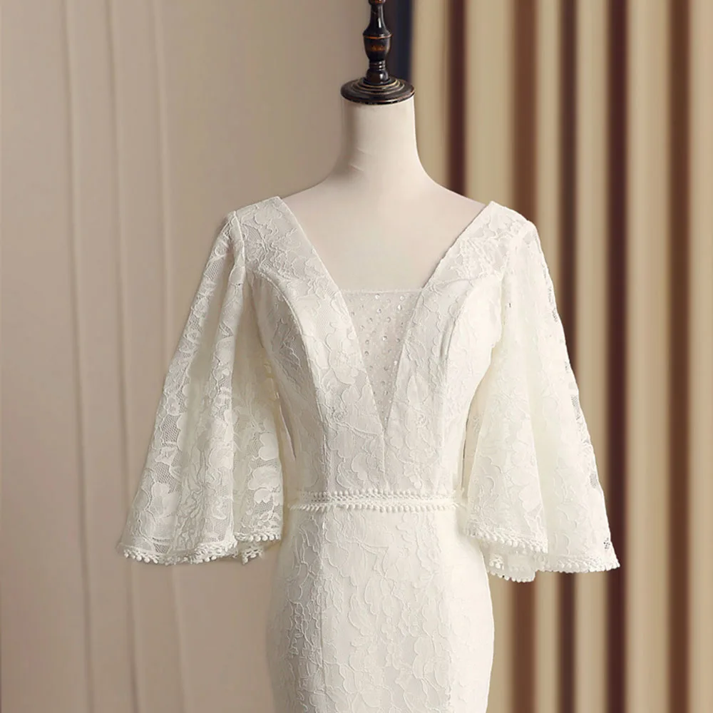 Кружевное на заказ свадебные платья русалки Robe De Mariee Sirene с полурукавом и вырезом на спине Свадебные платья Abito Sposa