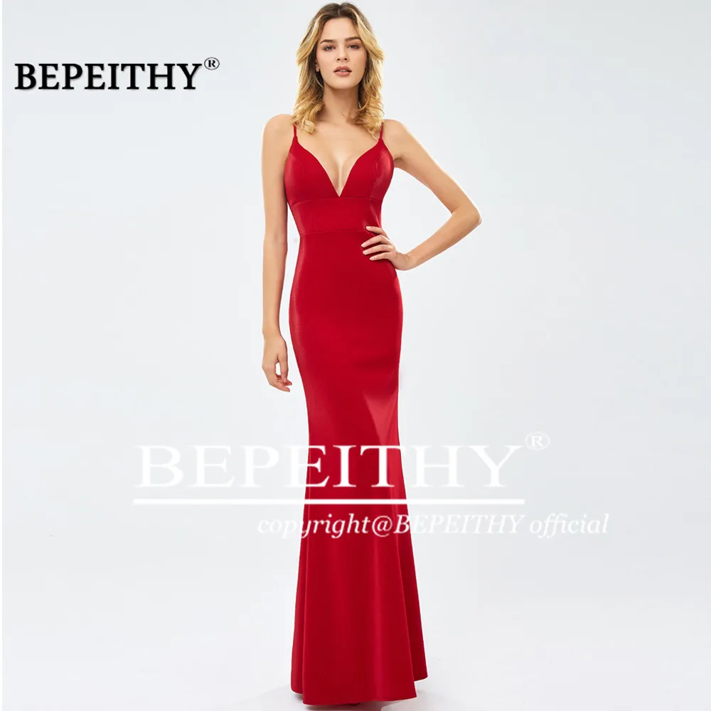 BEPEITHY Robe De Soiree Deep V Neck Long Evening Dress Party Elegant Sexy Straight Black Prom Dresses