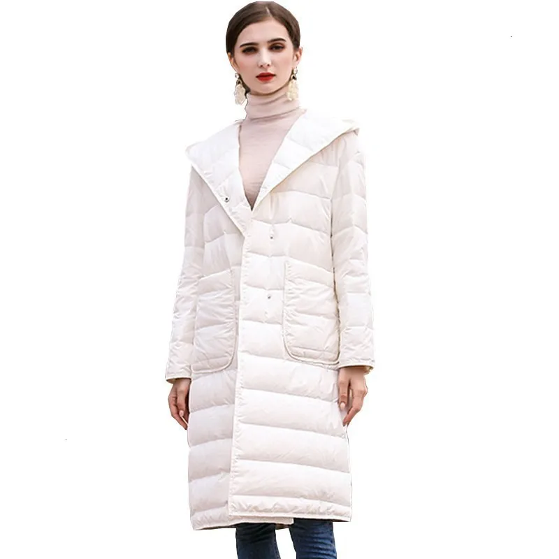 Donsjacks Vrouwen Frivole Mode Losse Lange Jas Elegante Kantoor зима Kleding теплый белый утиный пух с капюшоном
