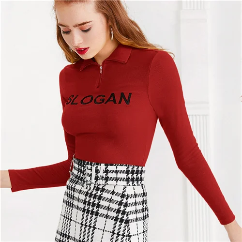 Бургундия SHEIN x Madelaine трикотажная футболка на молнии спереди в рубчик с буквенным принтом, женские топы, осенняя одежда для активного отдыха, футболки - Цвет: Бургундия