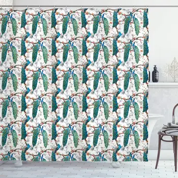 

Peacock Decor Collection, Peacocks Resting on Blooming Tree Branches Spring Leaves Buds Raster Pattern, Polyester Fabric