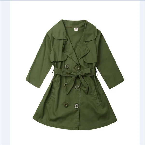 Army green Новинка; длинный двубортный плащ для девочек; стеганые осенние куртки на пуговицах для детей; однотонные повседневные тренчи для девочек; верхняя одежда - Color: Army green