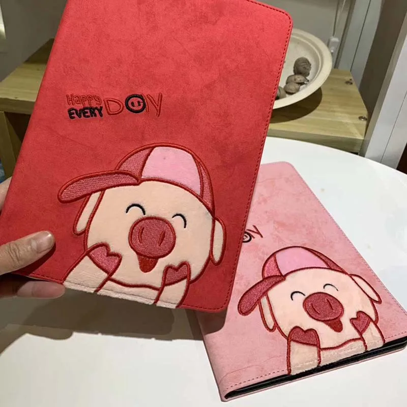 

Cartoon Case For iPad air 2 9.7" 2017 2018 9.7 inch embroidery Pig Pattern Vintage PU leather + Soft TPU Stand Case Cover